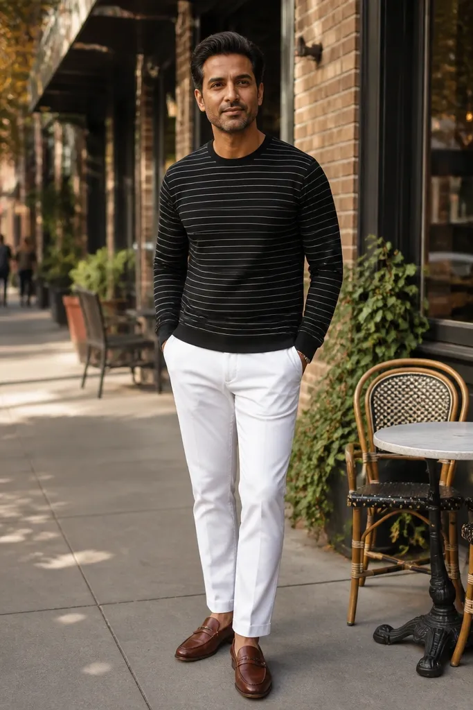 Black striped long sleeve shirt with white pants and brown loafers