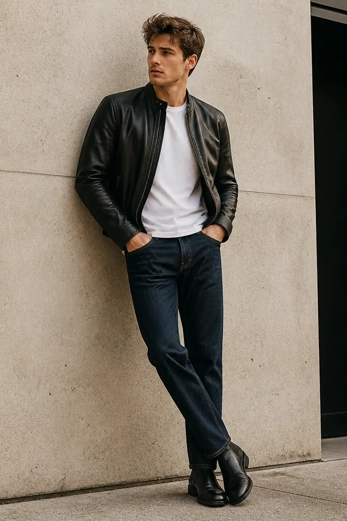 A person wearing matte black Chelsea boots with dark indigo straight-leg jeans, a plain white crew-neck T-shirt, and a cropped black leather jacket. The jean hem sits slightly above the boot's instep, with no heavy cuff.