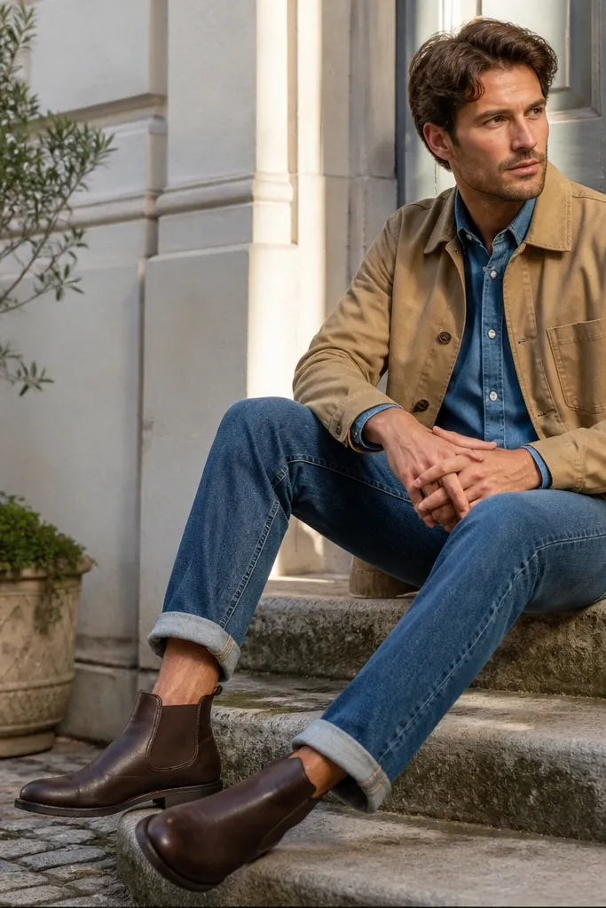 Brown leather Chelsea boots worn with medium-wash blue jeans and a light blue chambray button-up. A tan overshirt sits open over the shirt, and the jeans break lightly over the boot.