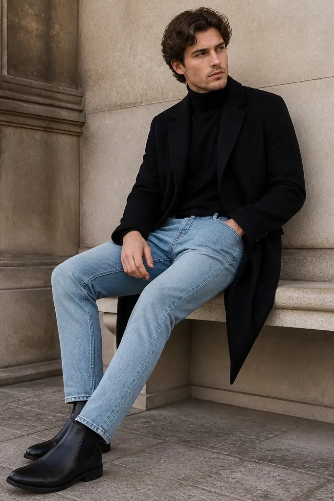 Black Chelsea boots with light wash jeans that show contrast stitching. A fitted black turtleneck top and a long dark wool coat are worn, with the jeans slightly tucked over the boot opening.