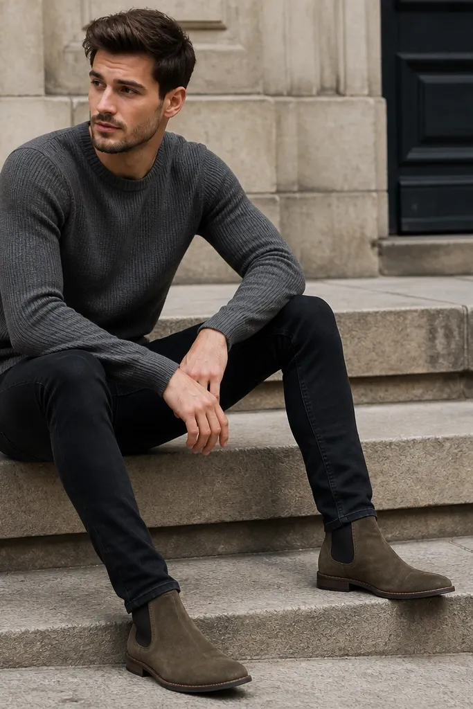 Olive suede Chelsea boots with black skinny jeans. A mid-grey knit sweater covers the top, and the hem sits close to the boot with a minimal cuff.
