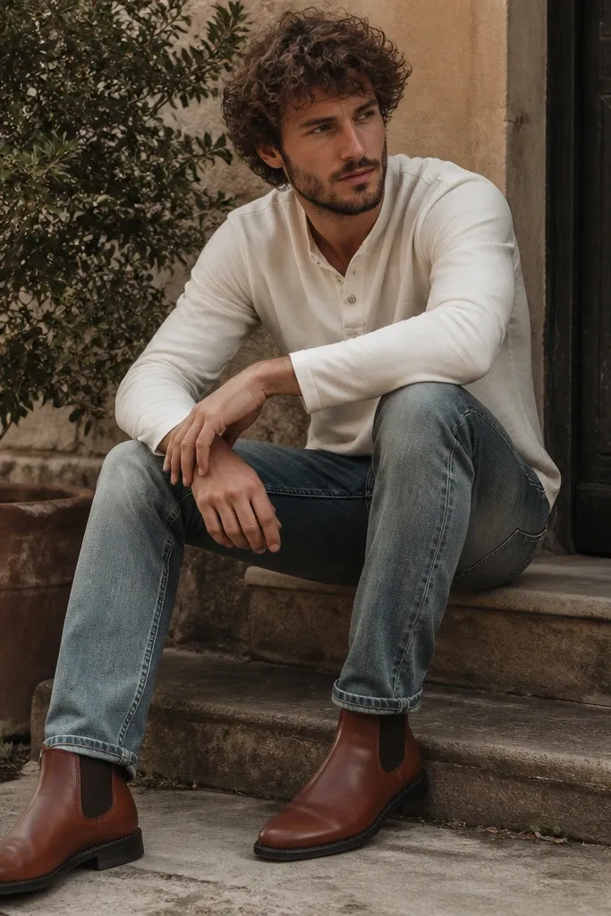 Cognac leather Chelsea boots with vintage faded blue jeans. A cream henley with a few buttons sits untucked, and the jeans lightly break over the boot.