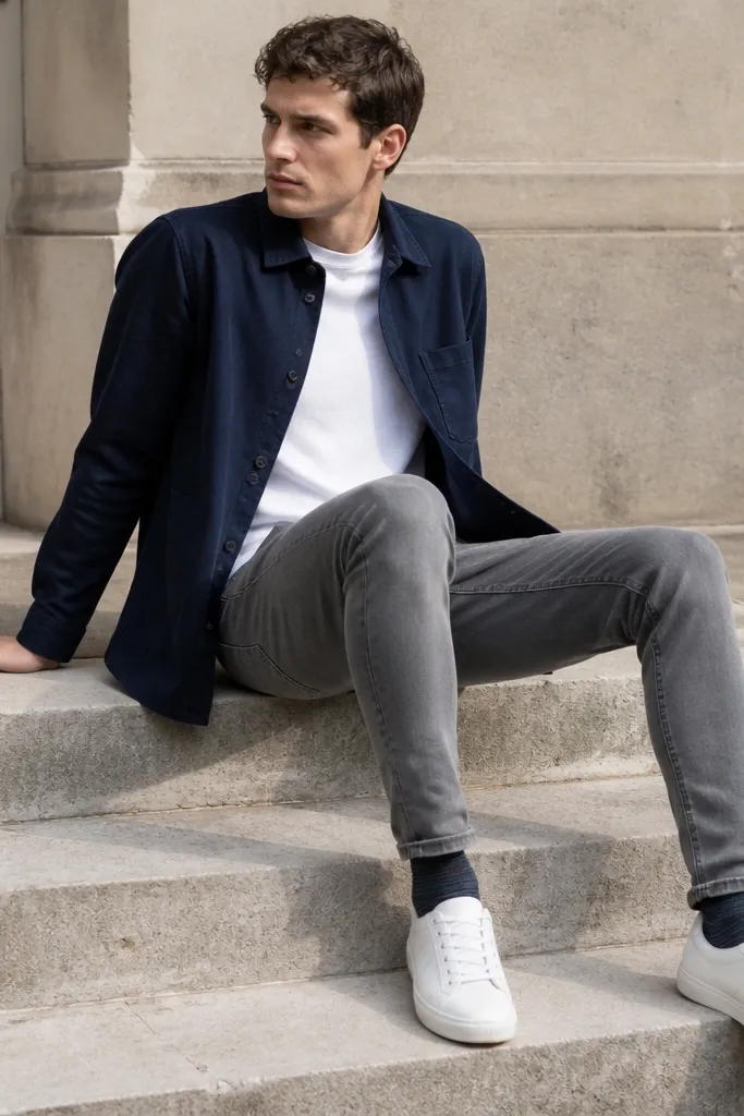 Black Chelsea boots with mid grey jeans and a navy overshirt. The outfit shows a small pop of light socks above the boot line.
