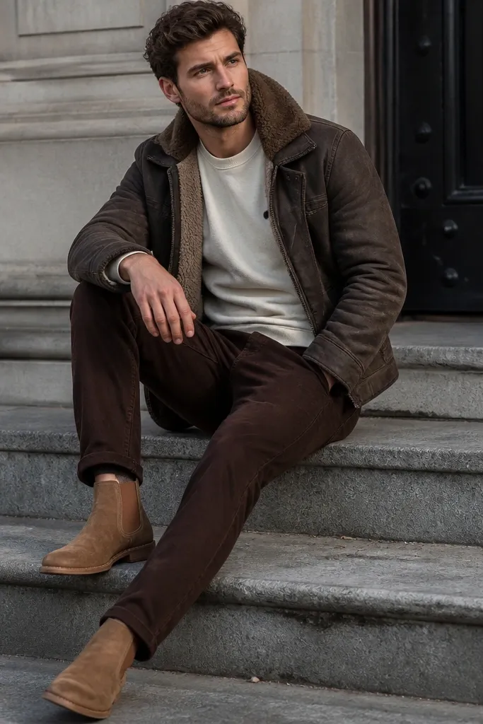 Tan Chelsea boots with dark brown jeans, a cream sweatshirt, and a darker jacket with a visible suede lining at the collar. The hem sits above the boot with a soft break.
