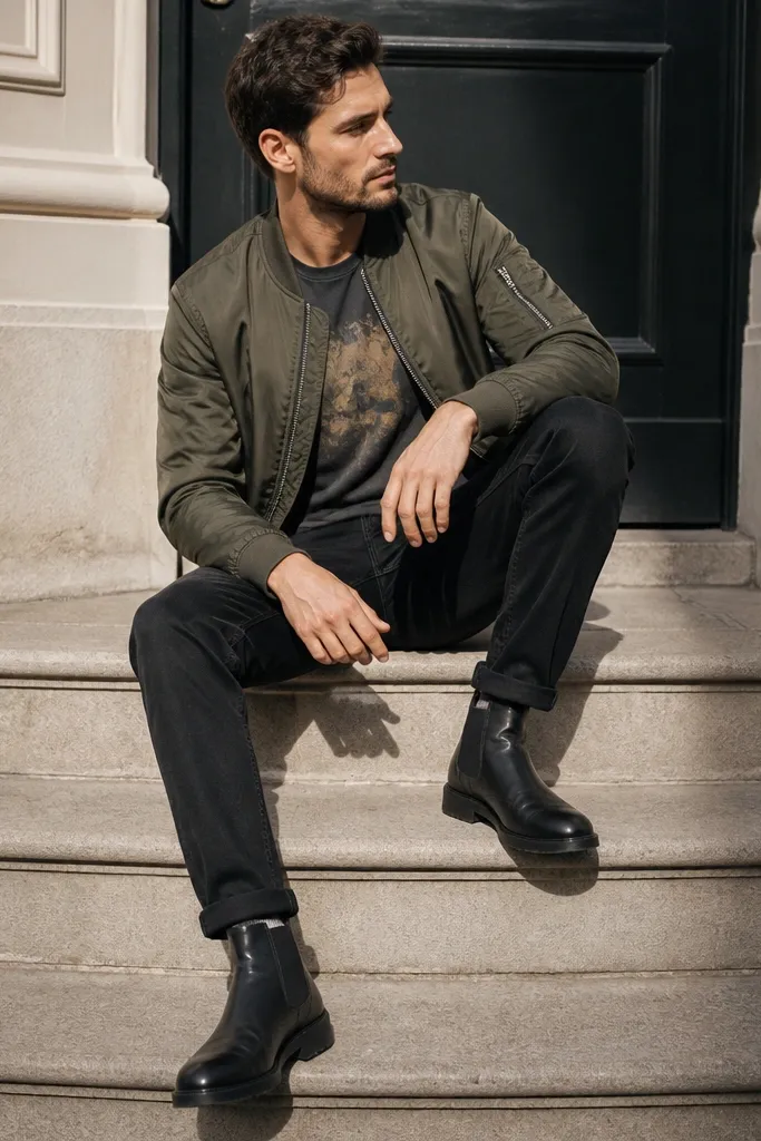 Black Chelsea boots with black jeans, an olive bomber jacket, and a visible graphic tee at the neckline. The hem is uncuffed and sits clean at the boot top.
