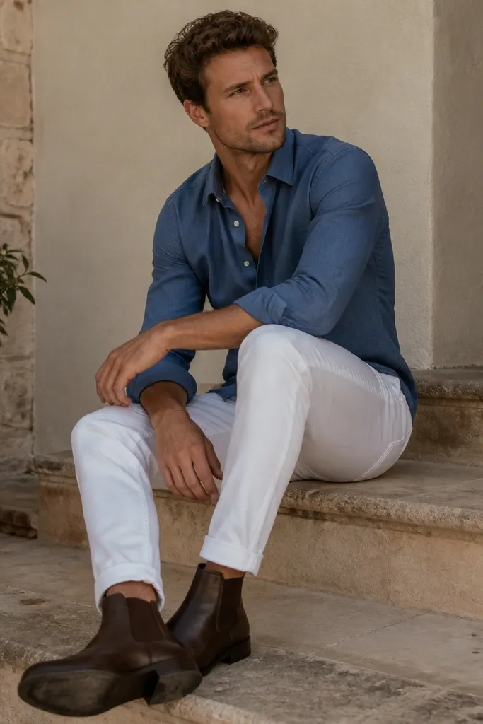 Brown Chelsea boots with white jeans and a blue button-up shirt worn slightly open. The hem has a small break at the boot, no heavy cuff.