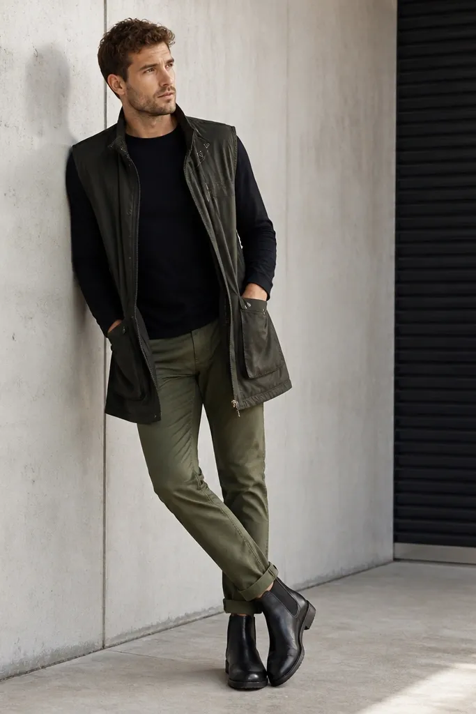 Black Chelsea boots with olive green jeans and a black crewneck. A longline utility vest in dark grey hangs over the top, reaching to the hips.