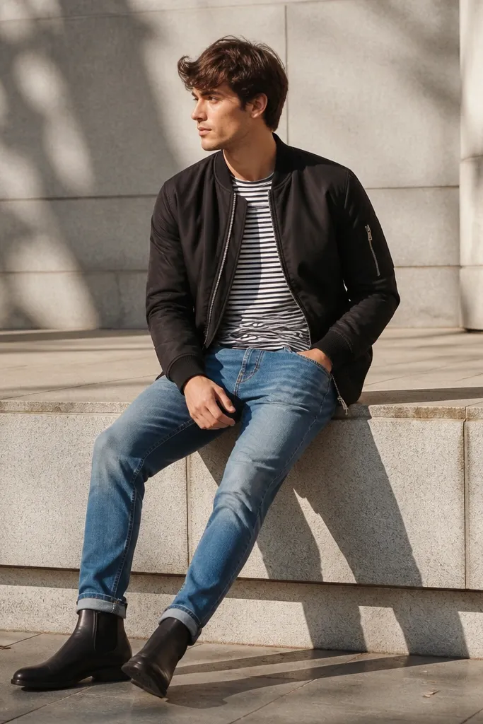 Chelsea boots (black) with mid wash blue jeans, a black-and-white striped tee, and a black bomber jacket. The jeans are lightly cuffed once, showing the boot opening.