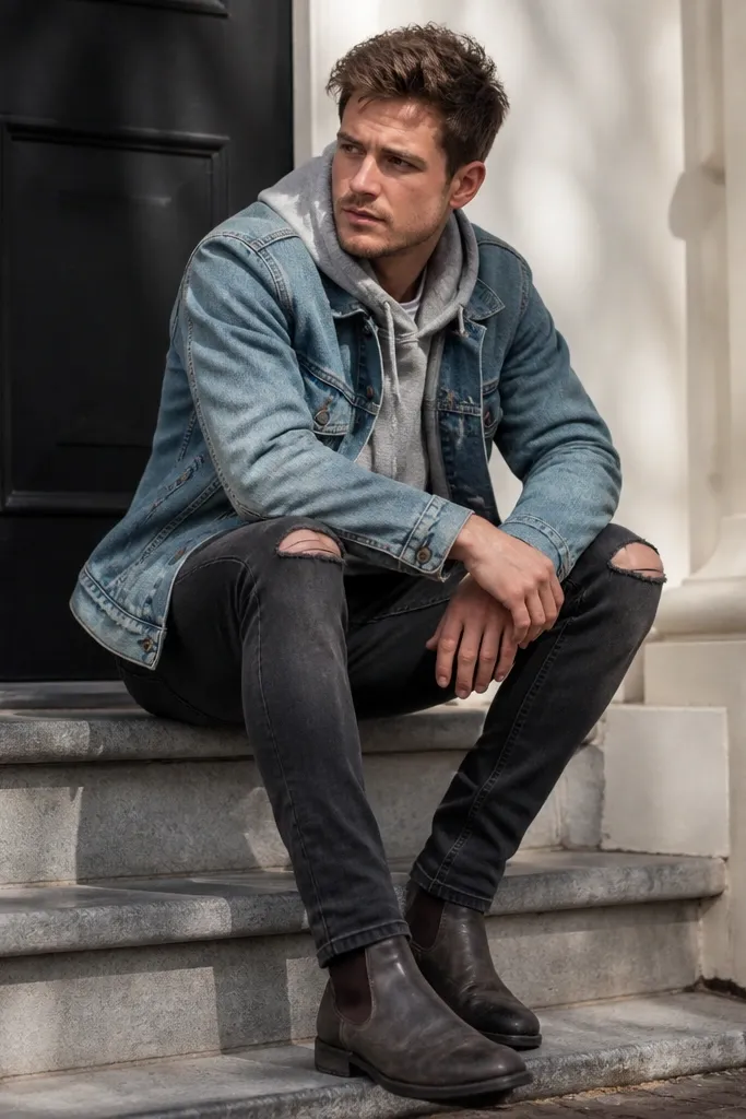 Dark Chelsea boots worn with jeans that have rips at the knee. A grey hoodie sits under a light blue denim jacket, and the hem is lightly cuffed.