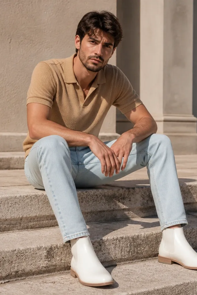 White Chelsea boots with light wash jeans and a tan knit polo shirt. The jeans are uncuffed and show a neat break at the ankle.