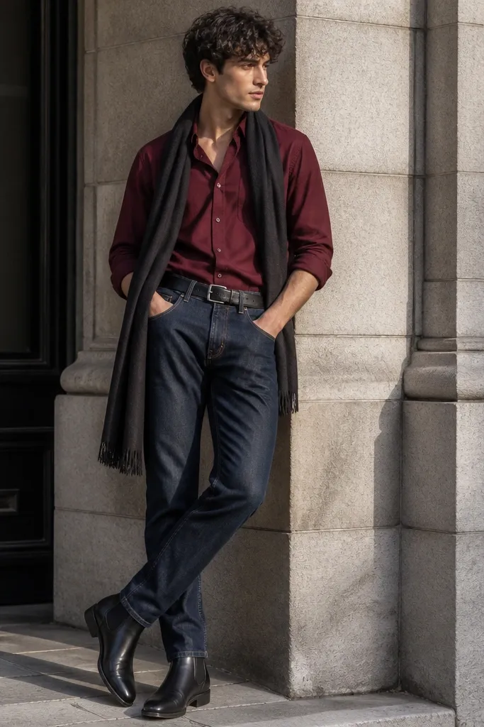 Black Chelsea boots with straight leg jeans and a burgundy button-down shirt. A black scarf is wrapped casually around the neck, and the hem sits above the boot.