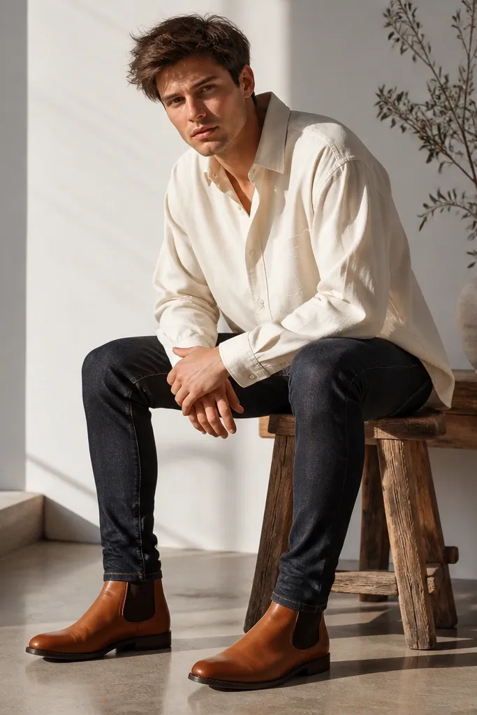 Cognac Chelsea boots with dark wash skinny jeans. A cream oversized shirt hangs open over the jeans, with sleeves rolled once.