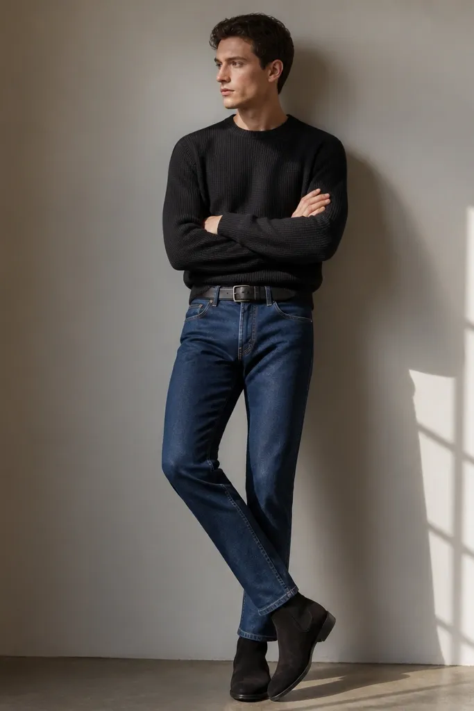Suede black Chelsea boots worn with regular blue jeans and a minimalist black knit sweater. A black leather belt is visible at the waist, and the hem sits clean at the boot top.