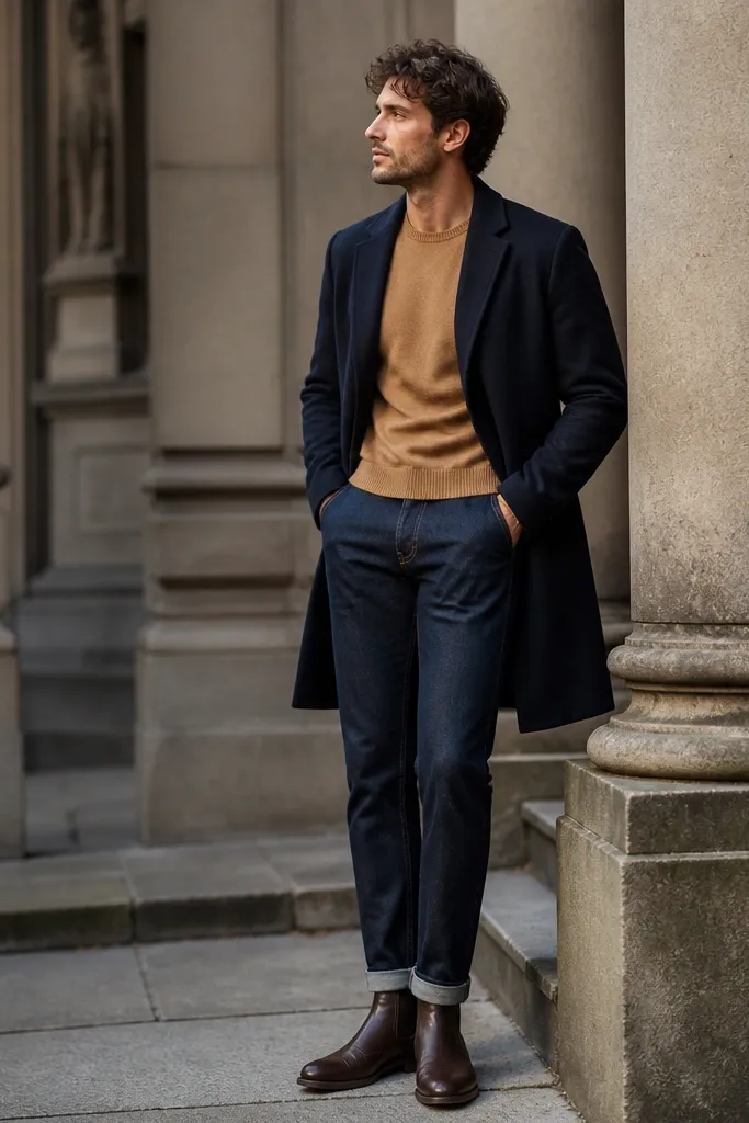 Chelsea boots with dark indigo jeans and a camel crewneck sweater. A navy overcoat is worn over the top, and the jeans have a clean break over the boot.