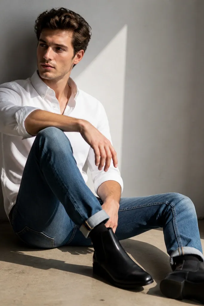 Black Chelsea boots with medium wash jeans, a white Oxford button-down with the sleeves rolled. The jeans are uncuffed with a neat break.