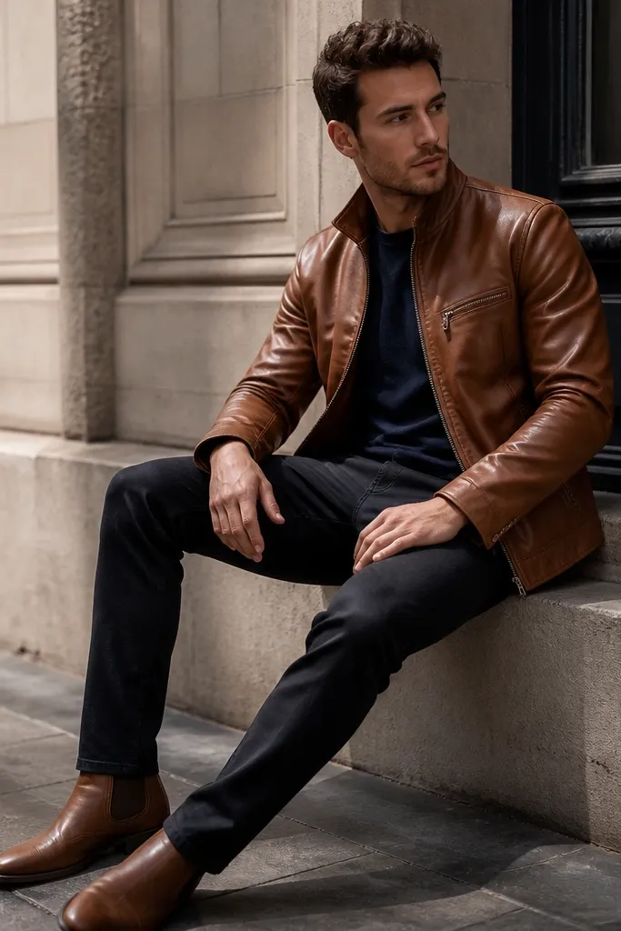 Brown Chelsea boots with black straight jeans and a navy T-shirt. A cognac leather jacket is worn open, and the jeans hem sits right at the boot top.