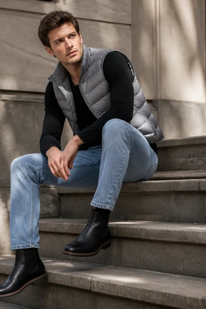 Chelsea boots paired with light blue jeans and a grey puffer vest over a black long-sleeve tee. The jeans are slightly cuffed and the vest ends around the upper hip.