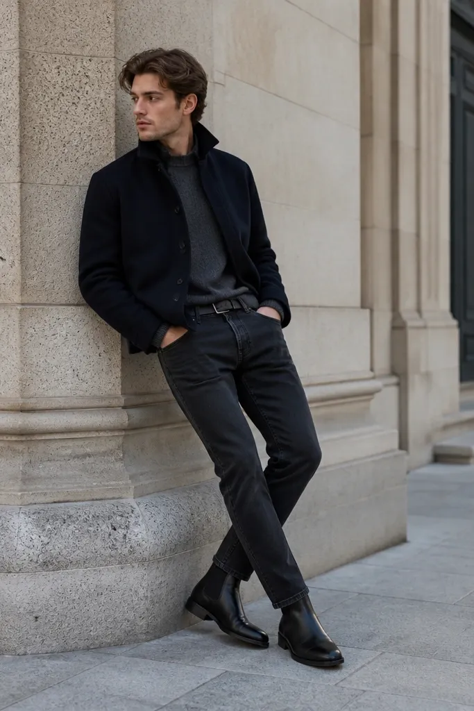 A mirror photo of black chunky Chelsea boots with matte leather and a thick sole. The outfit shows charcoal straight-leg jeans with a short break, no visible sock, and a cropped heather-gray wool coat ending around mid-hip.