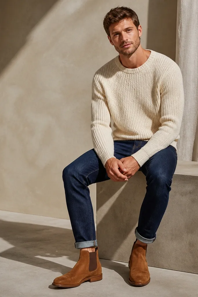 Rust-brown suede chunky Chelsea boots with a darker welt. The image shows indigo tapered jeans and a cream knit sweater with visible texture. Socks are crew length in a warm tan shade.