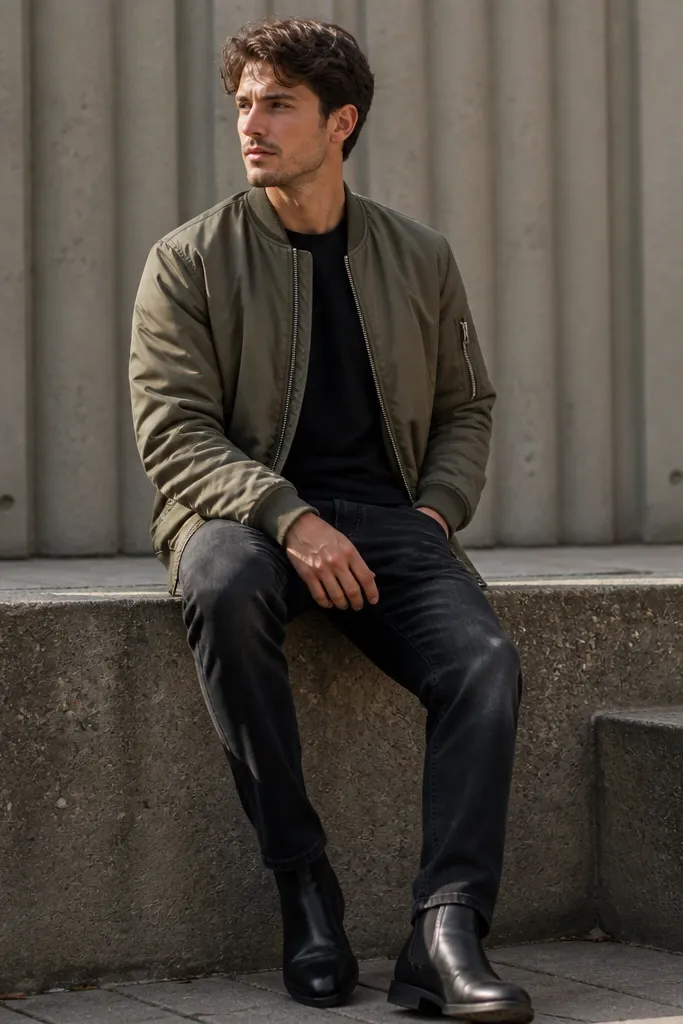 Black chunky Chelsea boots with a thick sole. The outfit includes washed black jeans and an olive bomber jacket with a ribbed hem and cuffs. A black crewneck peeks at the collar.