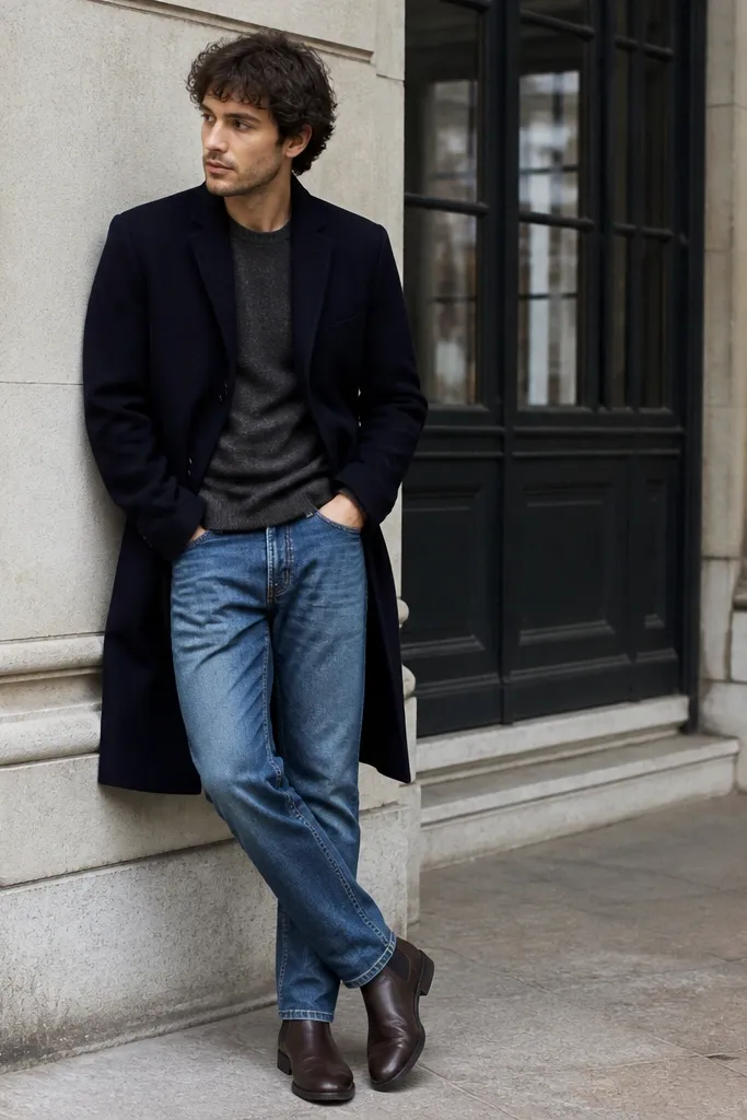 Dark brown chunky Chelsea boots with a slightly glossy leather. A navy overcoat falls below the knee. Mid-wash straight jeans sit with a visible cuff break. The shirt under is light blue.