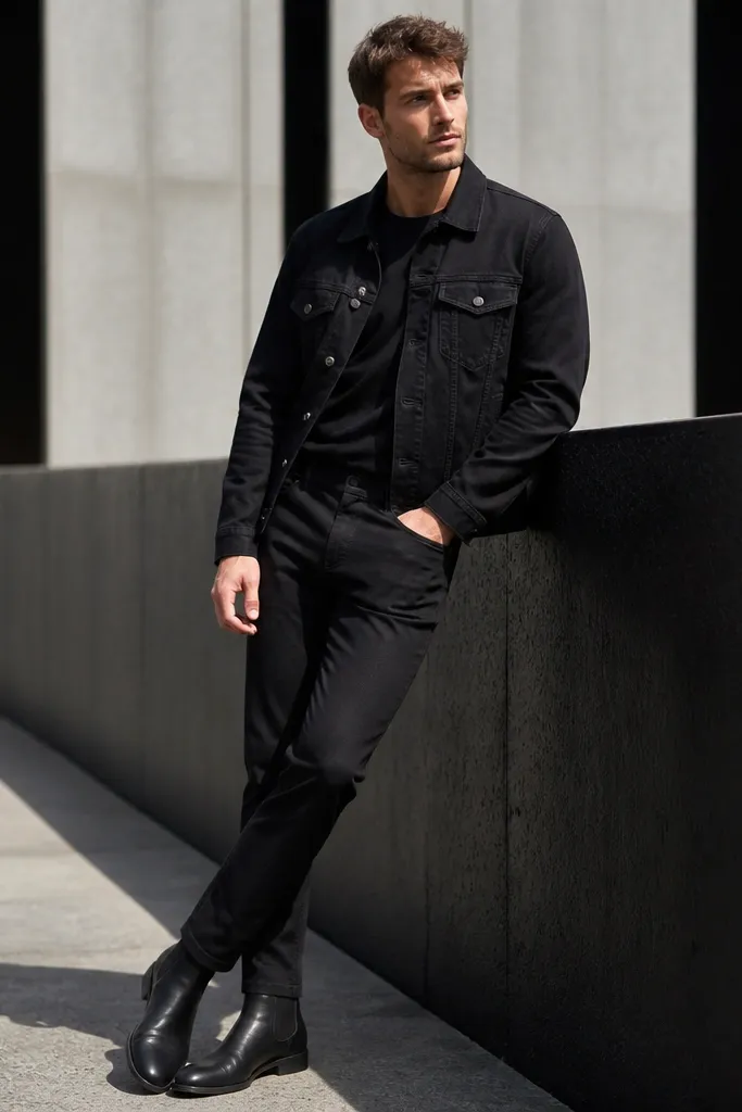 All-black outfit with chunky Chelsea boots. Black chinos show a tapered leg and clean break. A black denim jacket with metal buttons sits over a black tee.