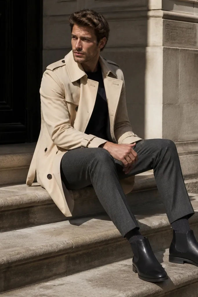 Black chunky Chelsea boots under a cream trench coat. Slim gray trousers break cleanly above the boot top. A black turtleneck is visible under the trench.