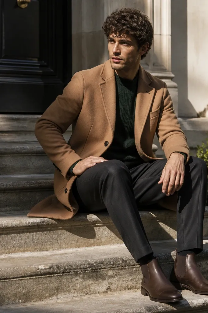 Chocolate brown chunky Chelsea boots. A camel overcoat covers most of the frame. Dark green knitwear sits over darker trousers with a straight cut.