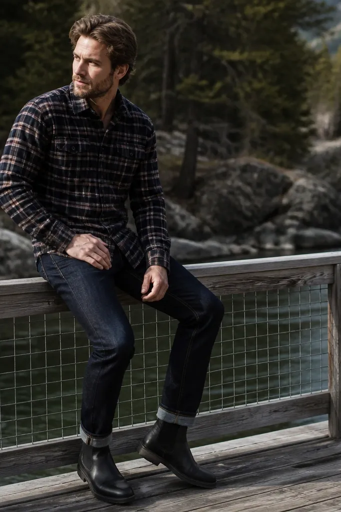Black chunky Chelsea boots. Dark indigo jeans with a short break. A red and black plaid flannel is layered over a dark tee, sleeves rolled once.