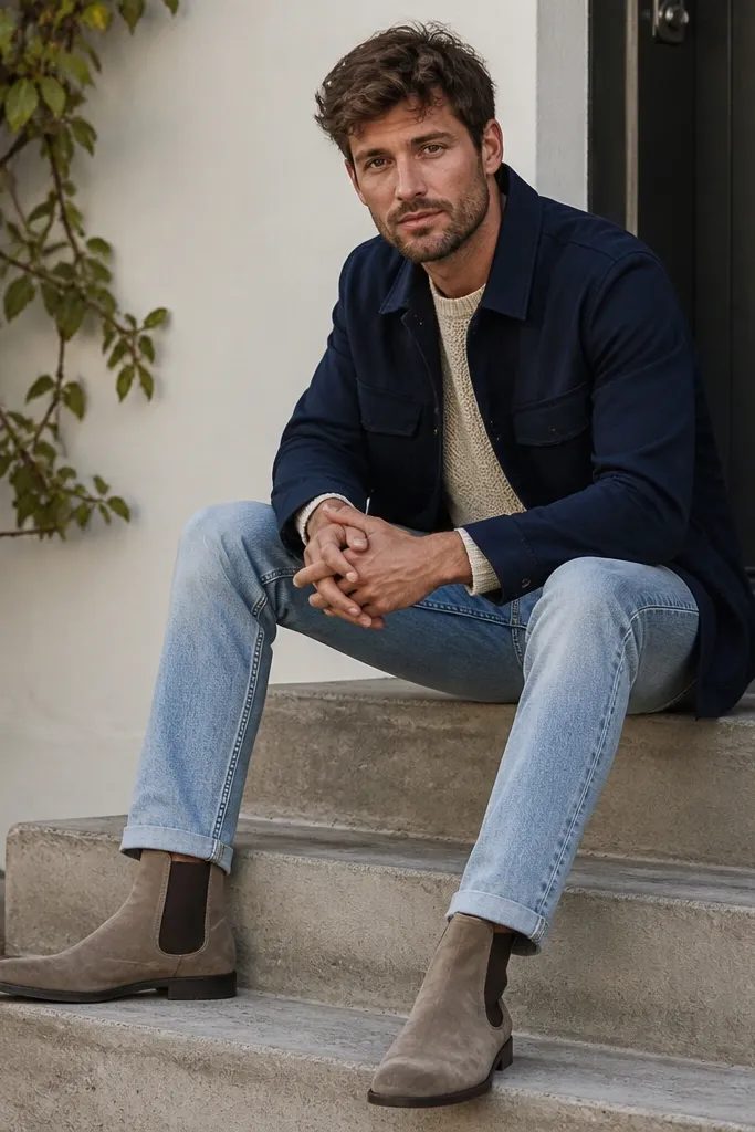 Taupe suede chunky Chelsea boots. Light-wash denim jeans with a straight cut and rolled hem. A navy chore jacket with visible stitching and a worn look over a white shirt.