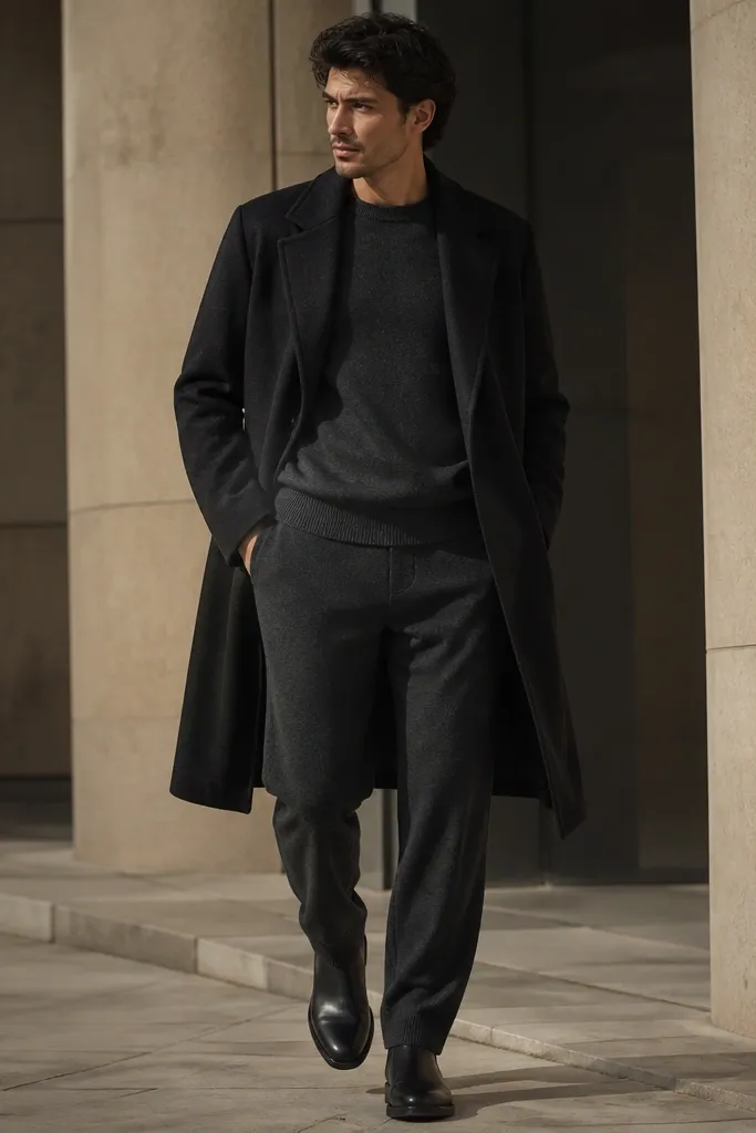 Black chunky Chelsea boots with a thick sole. A charcoal knit crew and matching charcoal trousers create a coordinated set. A long dark overcoat extends past the knee.