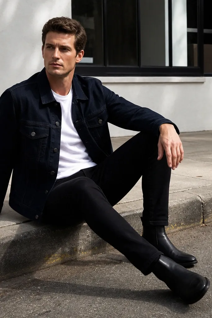 Black chunky Chelsea boots. Tapered black jeans with a clean ankle break. A navy denim jacket over a white crew tee. Socks are no-show.