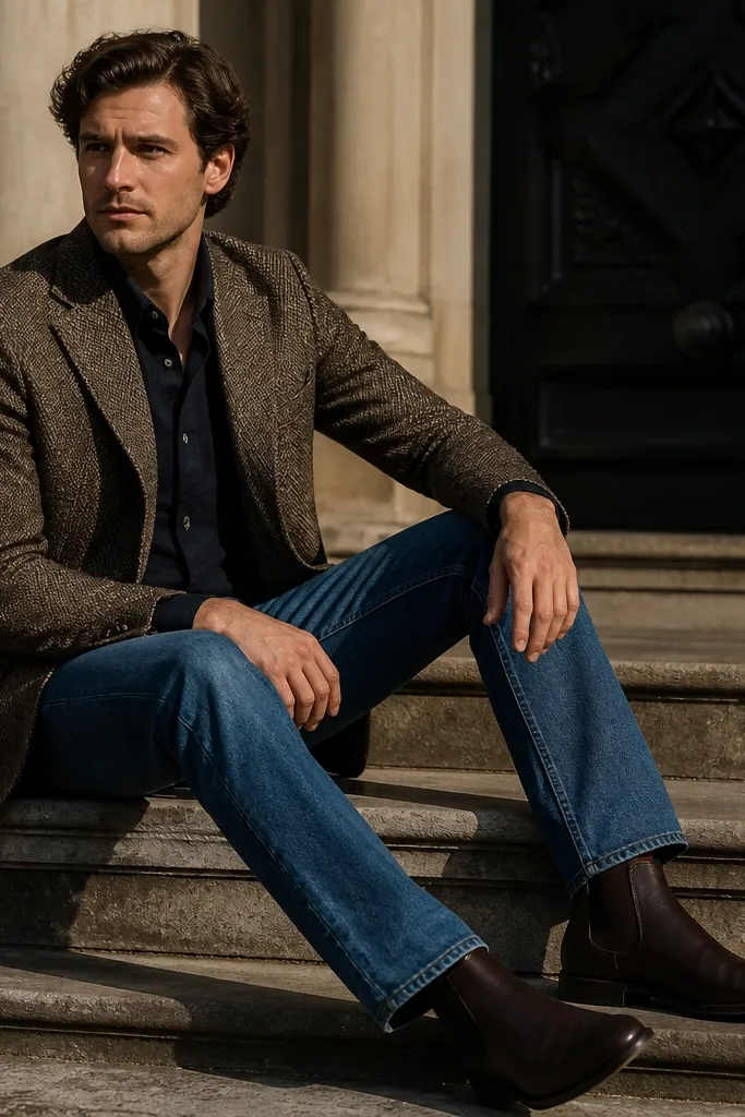 Dark brown chunky Chelsea boots. A tweed blazer in brown-gray sits over a light shirt. Straight jeans with a short break show a thin sock line.