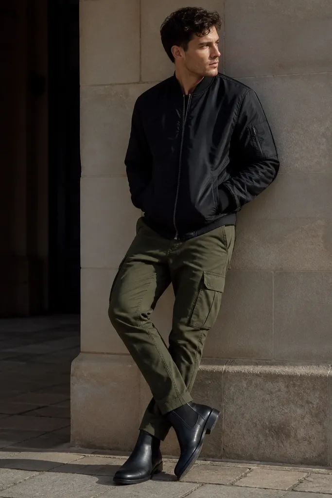 Black chunky Chelsea boots with a thick sole. Olive cargo pants with visible pockets and a tapered ankle. A black bomber jacket with ribbed cuffs. A black tee is underneath.