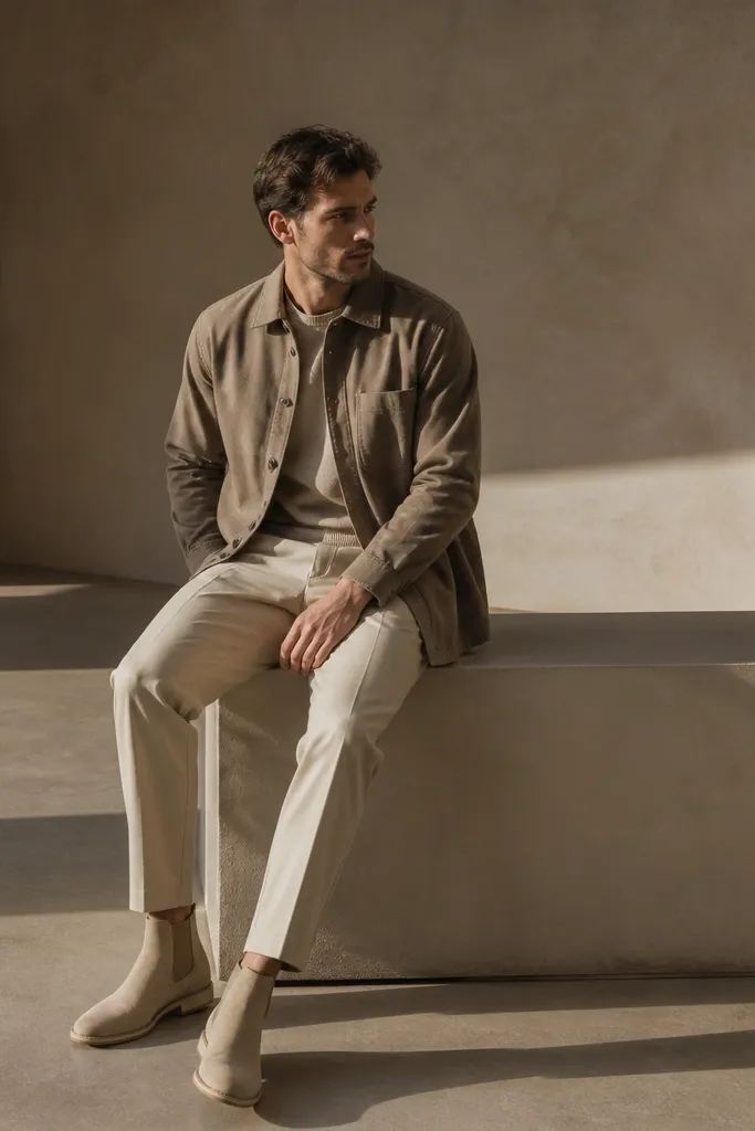 Oat-colored chunky Chelsea boots. Oat chinos match the boot color closely. A darker oat-brown overshirt with a button front sits over a lighter knit top.
