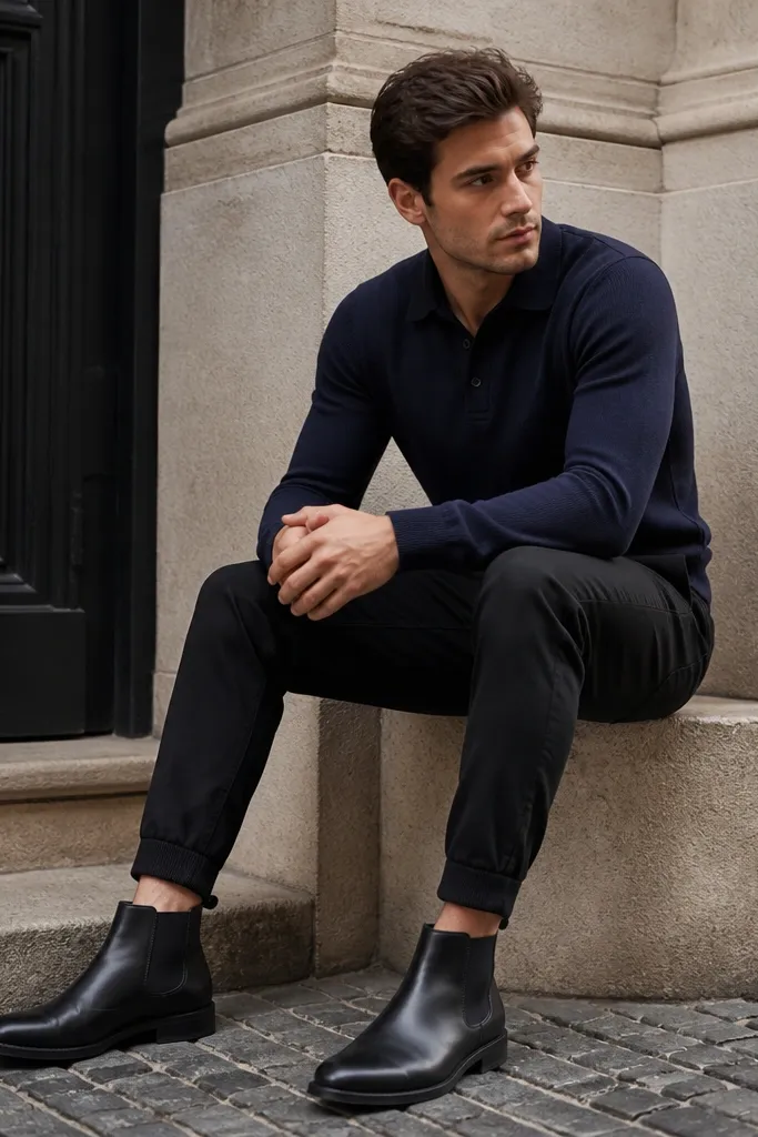 Black chunky Chelsea boots. Navy knit polo with a soft collar. Black jogger-chino pants with a tapered cuff. Socks are low and black.