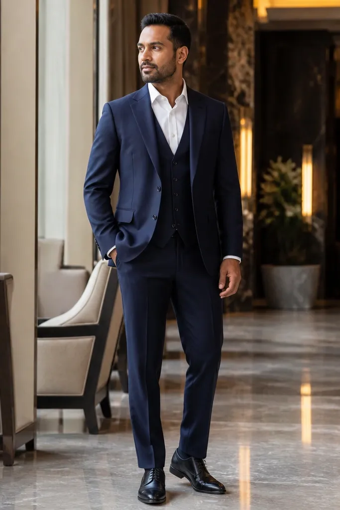 Navy three-piece suit with vest, white shirt, and black leather oxford shoes.