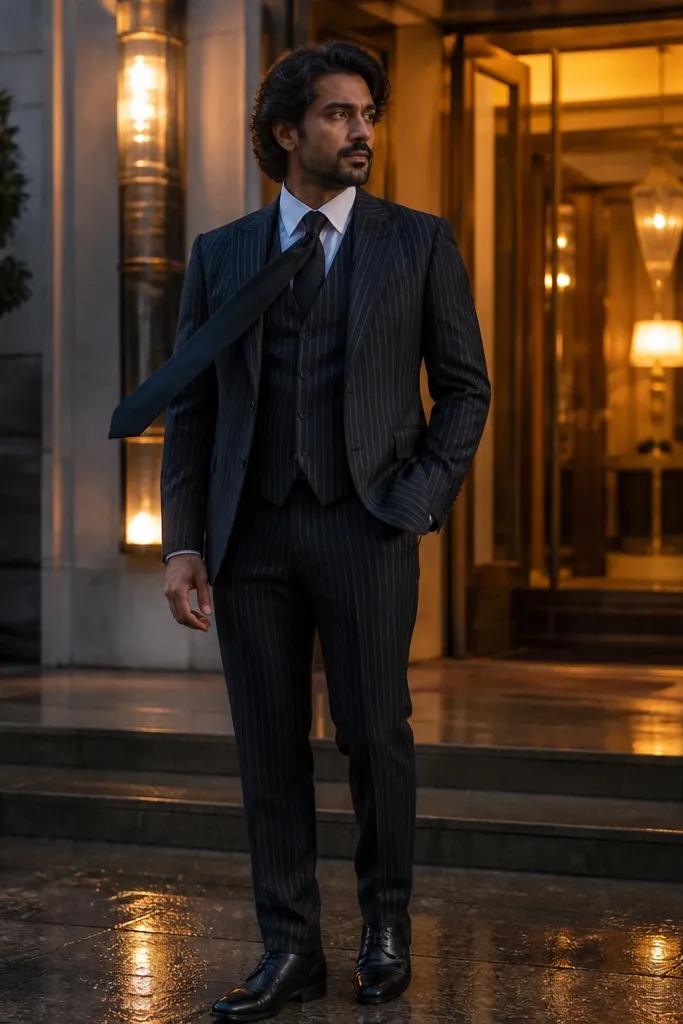 Charcoal chalk stripe three-piece suit with black tie and white shirt.