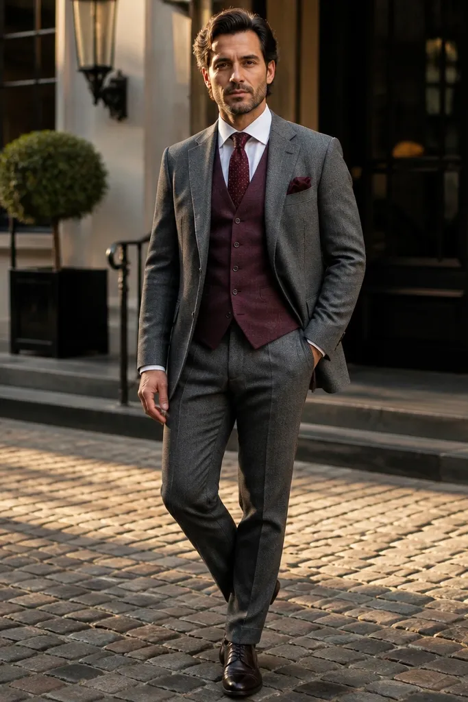 Medium gray flannel three-piece with burgundy tie and white shirt.