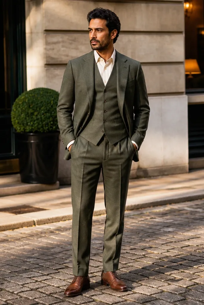 Deep olive three-piece suit with cream shirt and brown leather shoes.