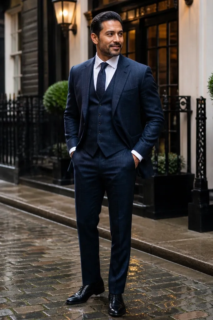 Midnight blue three-piece suit with subtle windowpane pattern and white shirt.