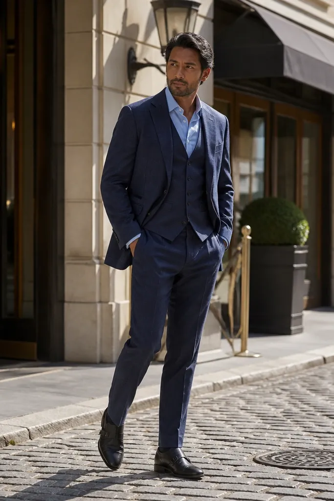 Navy linen-wool three-piece suit with light blue shirt and tan suede loafers.
