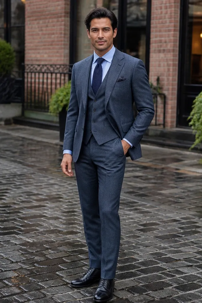 Blue-gray three-piece suit with navy knit tie and white shirt.