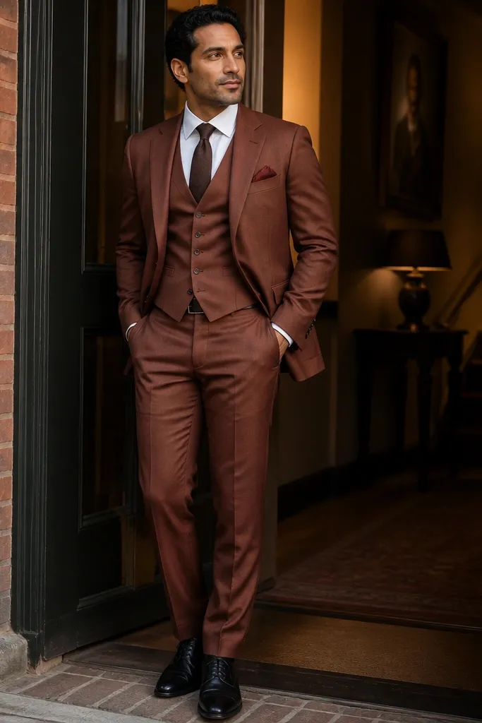 Rust-brown three-piece suit with white shirt and dark brown shoes.