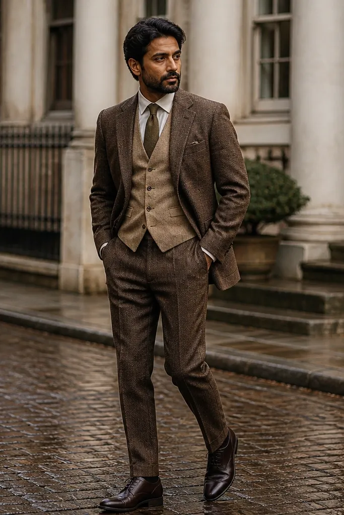 Tobacco tweed three-piece suit with tan vest and brown leather boots.