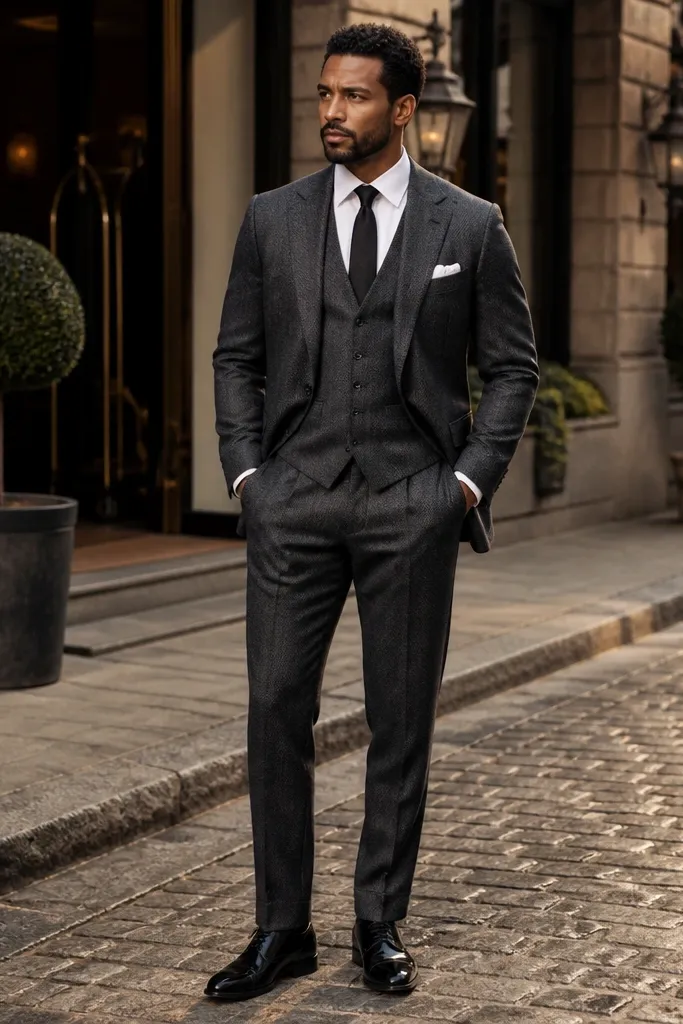 Charcoal herringbone three-piece suit with white shirt and black shoes.