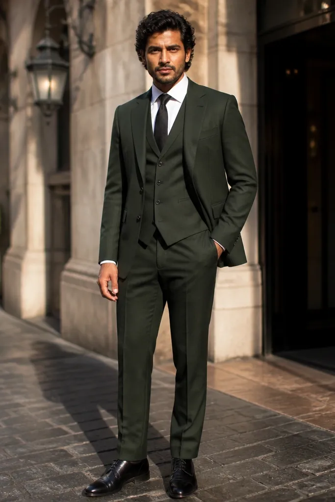 Olive three-piece suit with black tie, white shirt, and black leather shoes.
