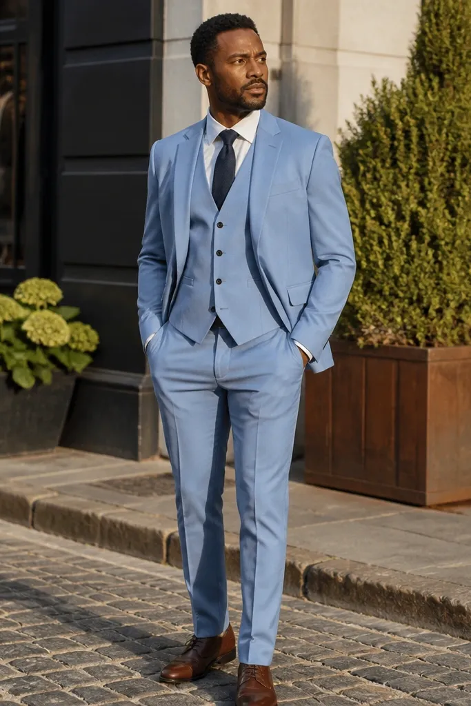Light blue three-piece suit with navy tie and white shirt.