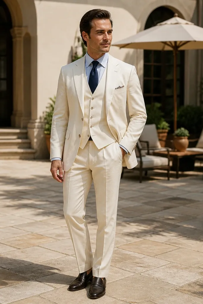 White three-piece suit with navy tie and light blue shirt.