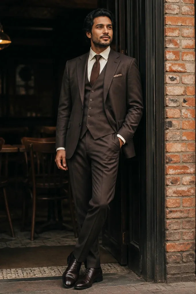 Dark brown three-piece suit with cream shirt and cognac shoes.